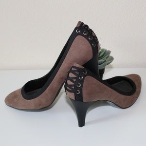 Kelly & Katie tan suede heels with corset detail